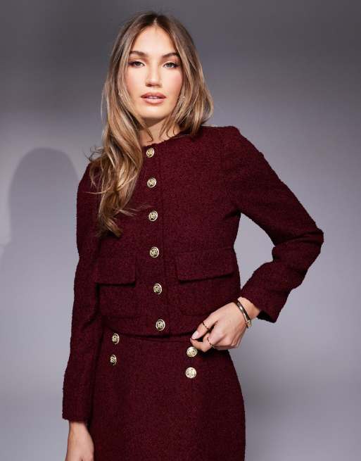 River Island boucle trophy jacket in co ord in burgundy ASOS