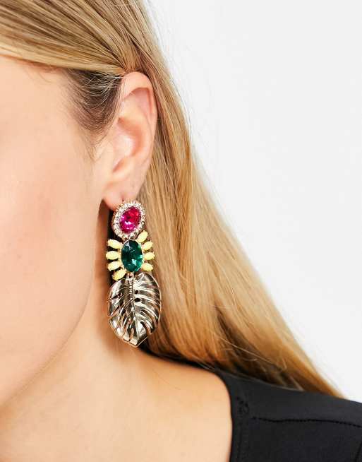 River Island - Boucles d'oreilles avec cristaux colorés et feuille de palmier - Doré