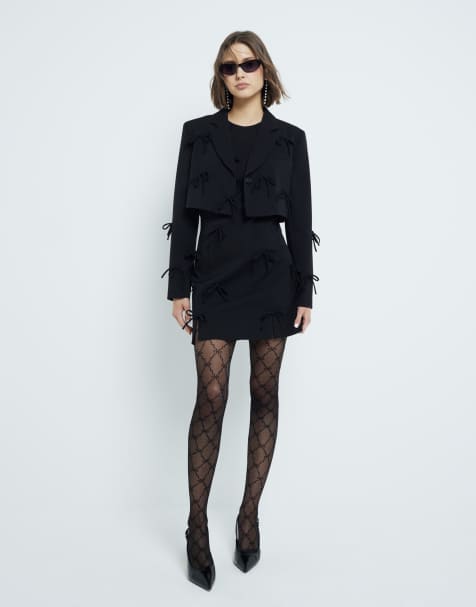 River Island bow cropped blazer in black - view 1