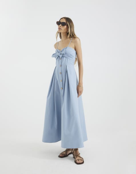 River Island Bow detail button up midi dress in blue - view 1