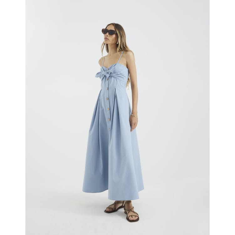 River Island Bow detail button up midi dress in blue | ASOS