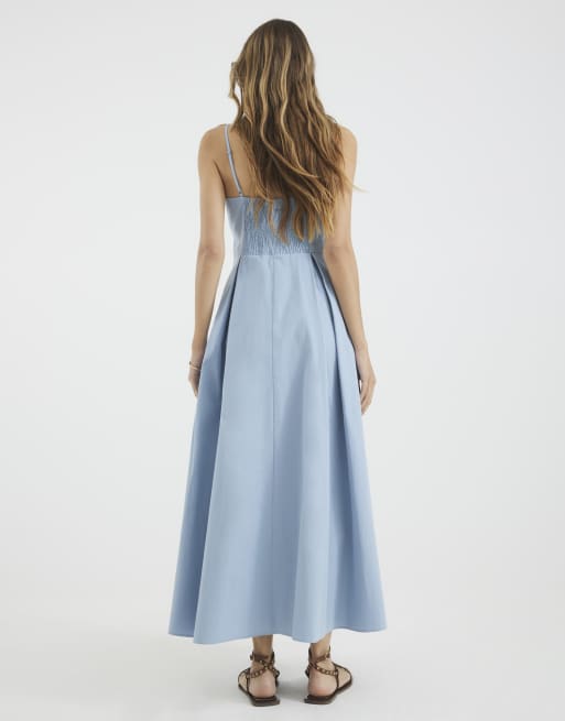 River Island Bow detail button up midi dress in blue | ASOS