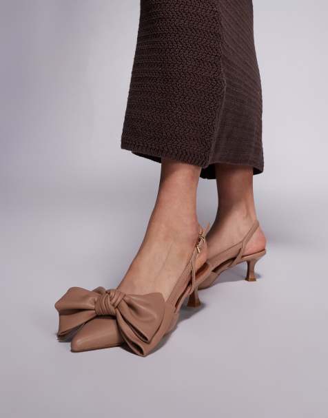 River Island bow detail slingback heels in dark beige - view 1
