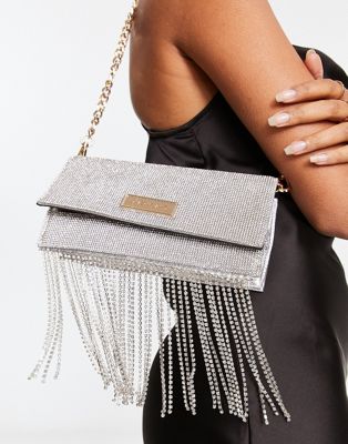 River Island box clutch bag with diamante trim detail in silver | ASOS