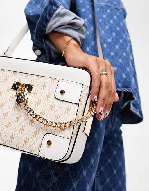 White RI monogram padlock cross body bag