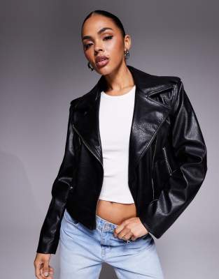 River Island boxy faux leather biker jacket-Black