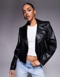 [River Island] River Island boxy faux leather biker jacket-Black 14 BLACK
