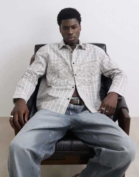 River Island Boxy fit cotton applique check shirt in stone - view 1