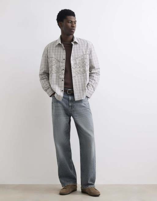 River Island Boxy fit cotton applique check shirt in stone, 2 of 4