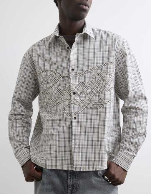 River Island Boxy fit cotton applique check shirt in stone, 3 of 4