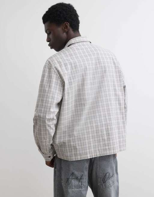 River Island Boxy fit cotton applique check shirt in stone, 4 of 4