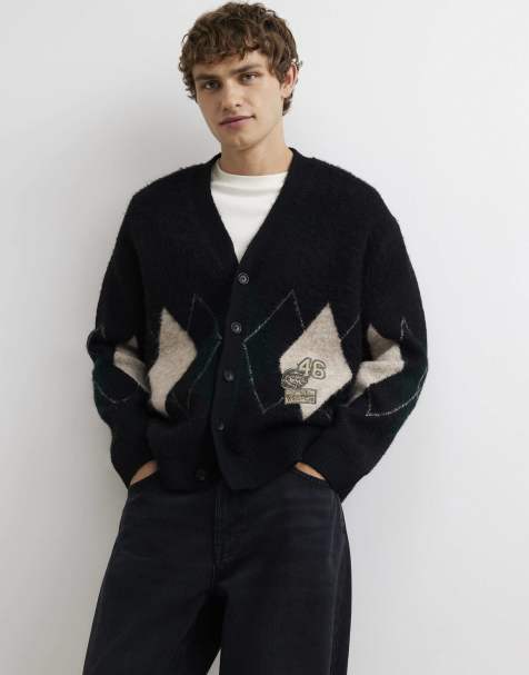 River Island Boxy fit cotton argyle print cardigan in black - view 1