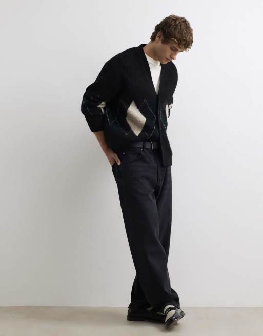 River Island Boxy fit cotton argyle print cardigan in black, 2 of 4