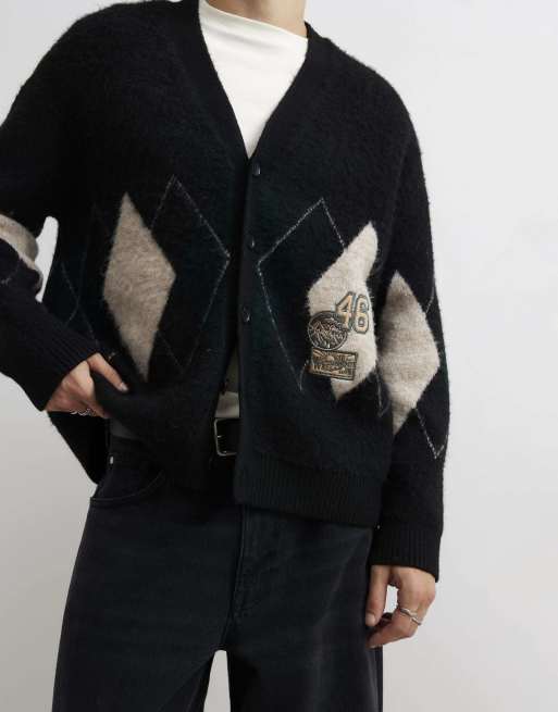 River Island Boxy fit cotton argyle print cardigan in black, 3 of 4
