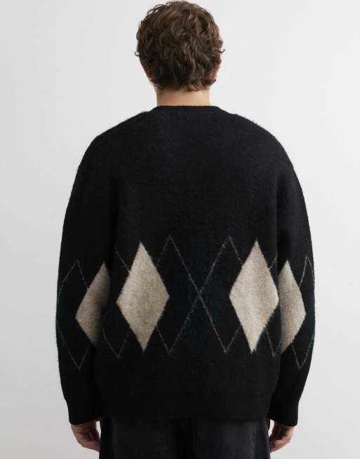 River Island Boxy fit cotton argyle print cardigan in black, 4 of 4