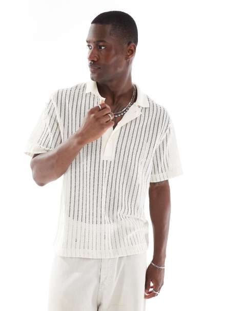 River Island boxy fit crochet polo shirt in white - view 1