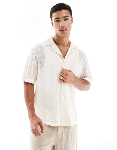 River Island boxy fit crochet shirt in ecru - view 1