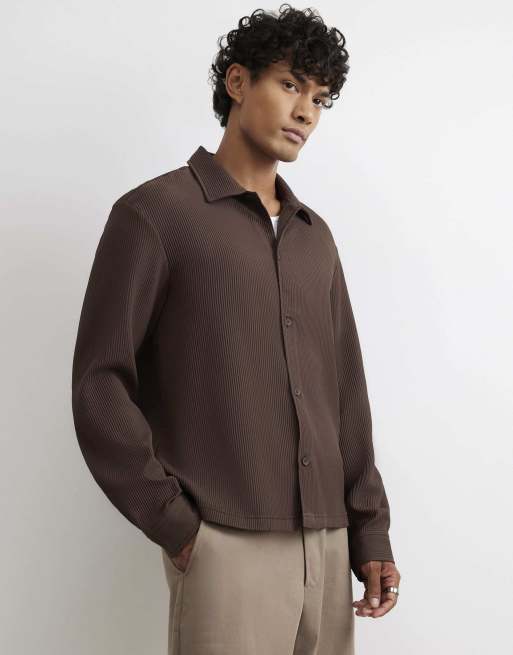 River Island Boxy fit long sleeve plisse shirt in brown, 2 of 4