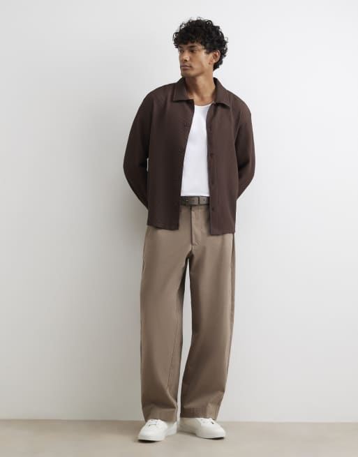 River Island Boxy fit long sleeve plisse shirt in brown, 3 of 4