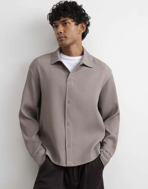 River Island Boxy fit long sleeve plisse shirt in stone - view 1