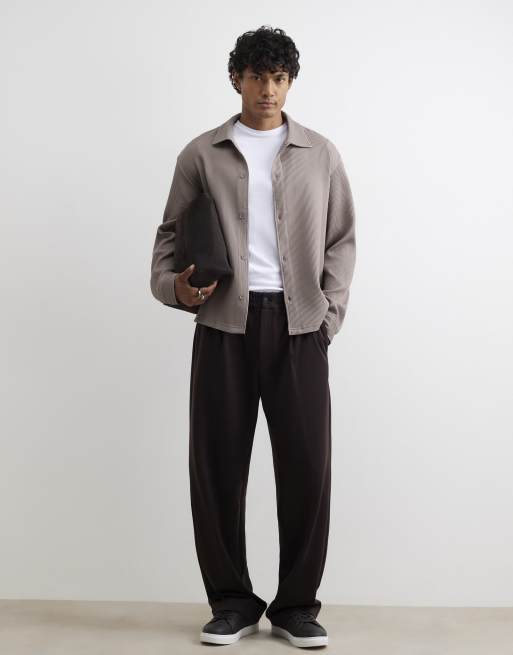 River Island Boxy fit long sleeve plisse shirt in stone, 2 of 4