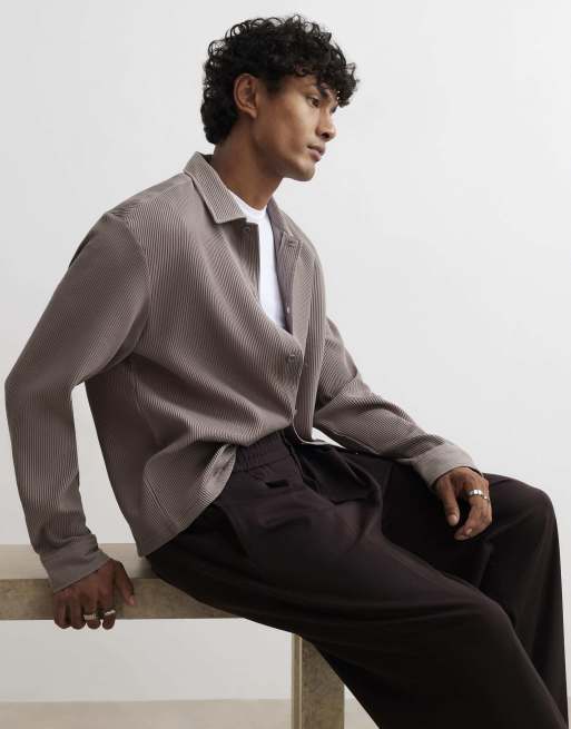 River Island Boxy fit long sleeve plisse shirt in stone, 3 of 4