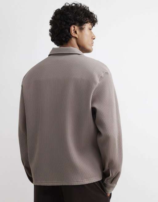 River Island Boxy fit long sleeve plisse shirt in stone, 4 of 4