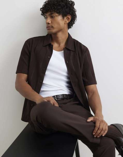 River Island Boxy fit plisse shirt in brown - view 1