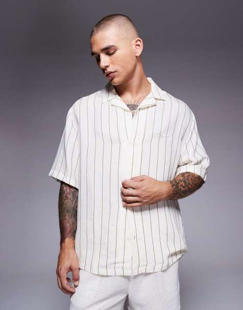 River Island boxy fit shirt in stone and green stripe - view 1