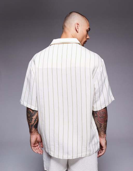 River Island boxy fit shirt in stone and green stripe