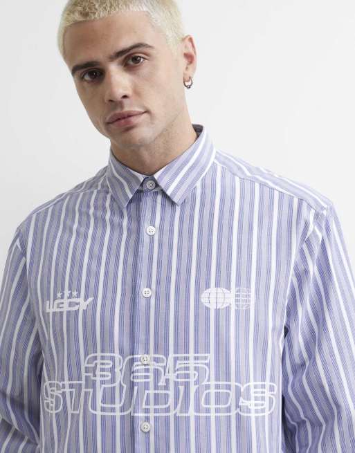 River Island Boxy fit stripe 365 studios shirt in blue, 2 of 4