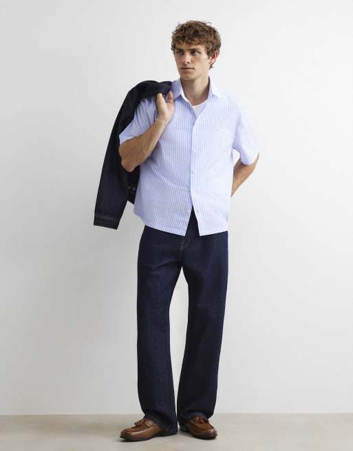 River Island Boxy fit striped embroidered shirt in blue, 3 of 4