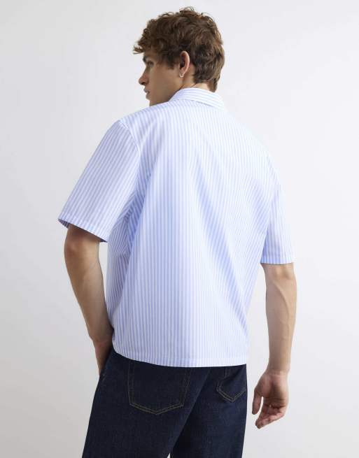 River Island Boxy fit striped embroidered shirt in blue, 4 of 4