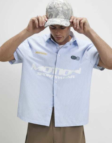 River Island Boxy fit striped motion shirt in blue - view 1