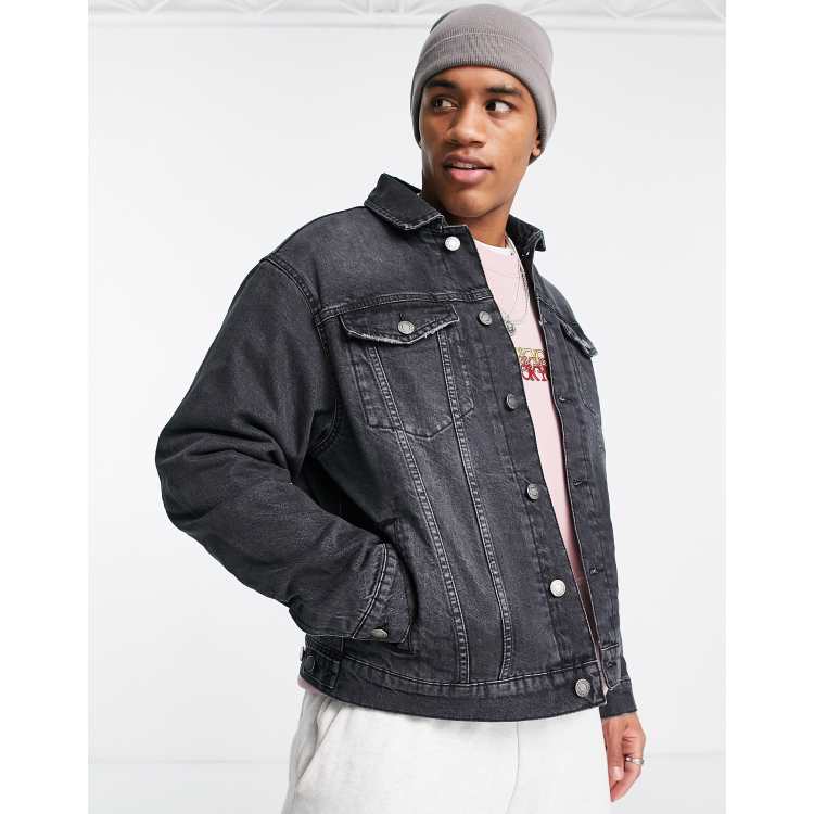 River Island boxy fleece lined denim jacket in black ASOS