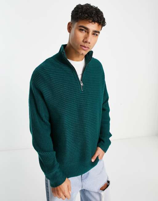 River Island boxy half zip jumper in dark green | ASOS