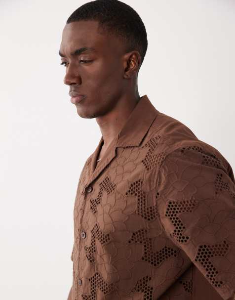 River Island boxy lace detail fabric block shirt in brown - view 1