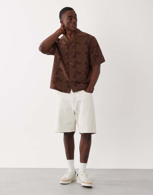 River Island boxy lace detail fabric block shirt in brown, 2 of 5