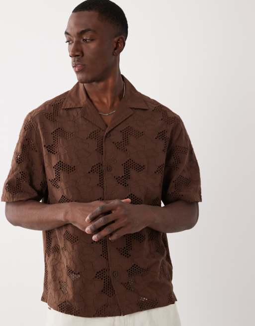 River Island boxy lace detail fabric block shirt in brown, 3 of 5