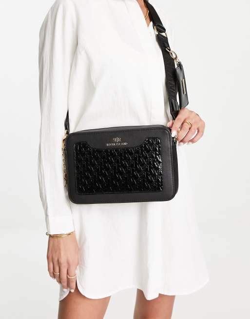 River Island Boxy Monogram Cross Body Bag in Black