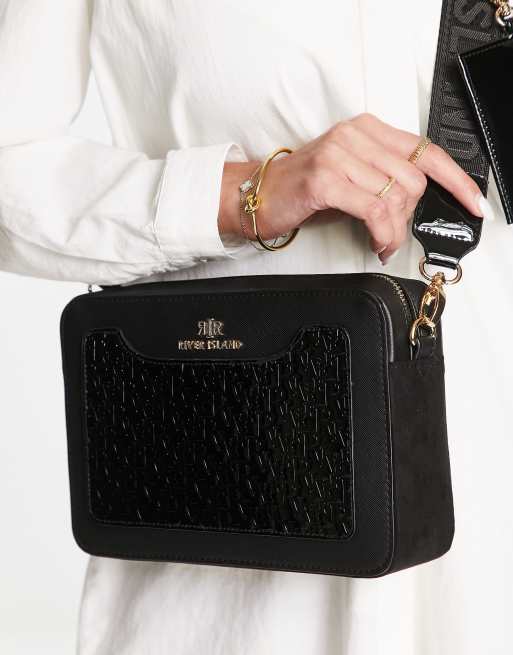 River Island cross body bag with monogram detail in black