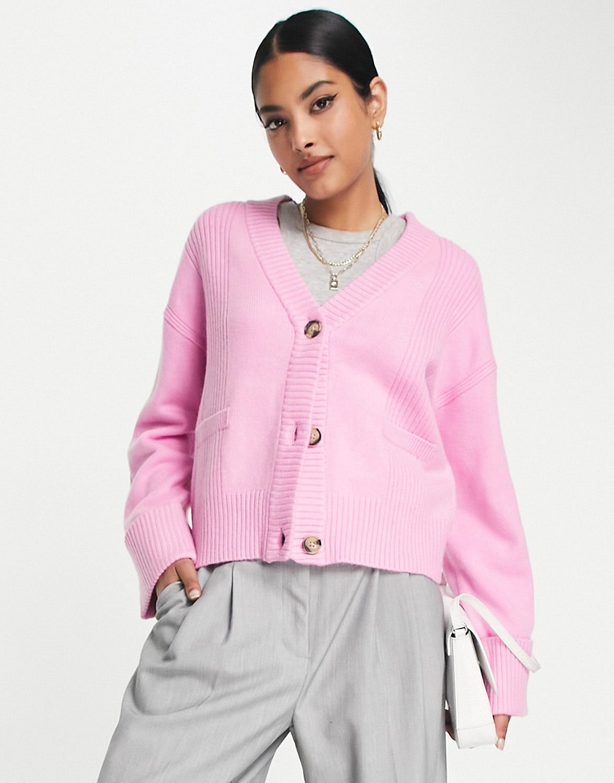 River Island boxy ribbed cardigan in bright pink