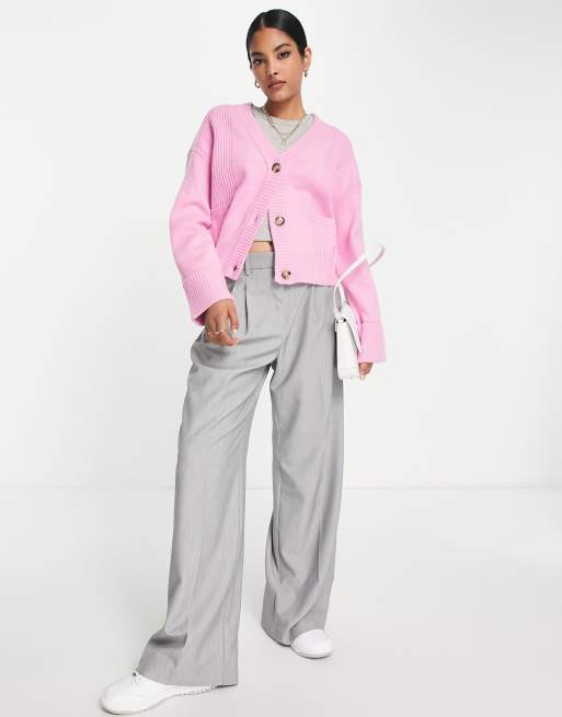 River Island boxy ribbed cardigan in bright pink, 4 of 4