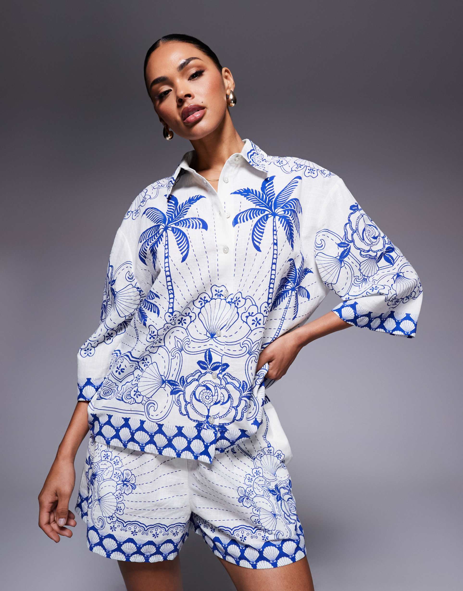 river island boxy riviera printed shirt in blue