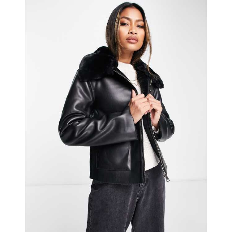 River Island boxy shearling jacket in black