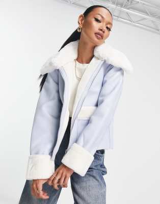 River Island boxy shearling jacket in blue | ASOS