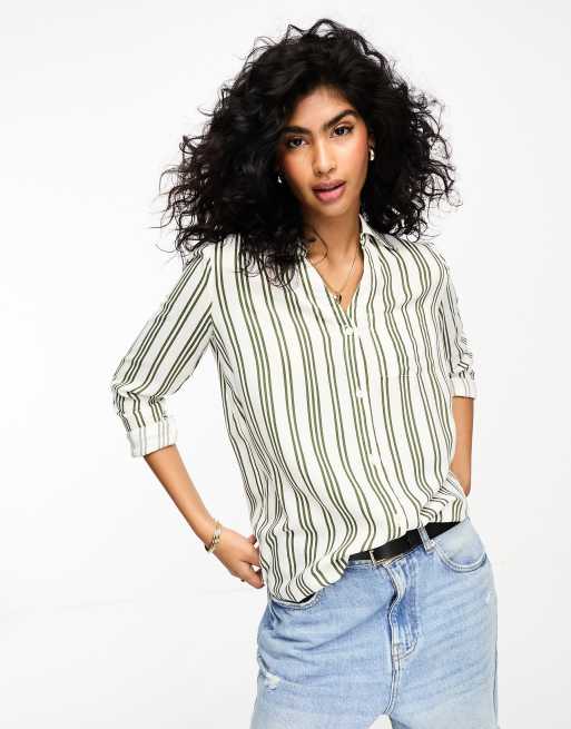 River Island - Boyfriend poplin overhemd met strepen in groen