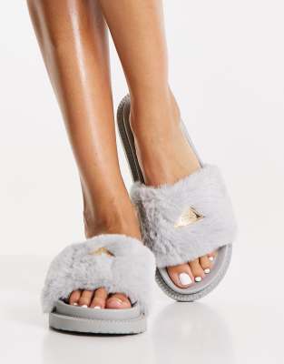 River Island Branded Faux Fur Slider Sandal In Gray-grey