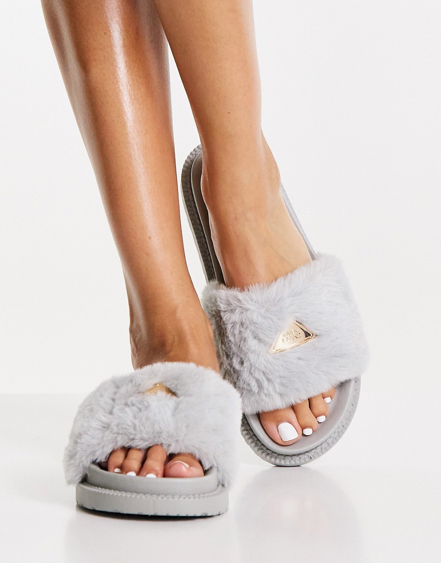 River Island Branded Faux Fur Slider Sandal In Gray-grey