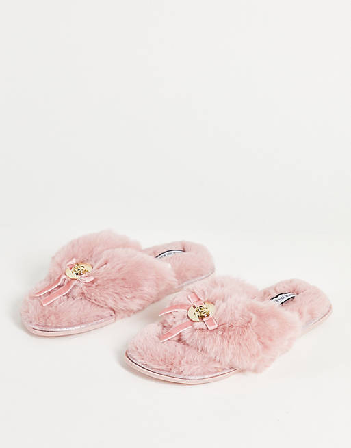 River Island branded faux fur toe thong slipper in pink